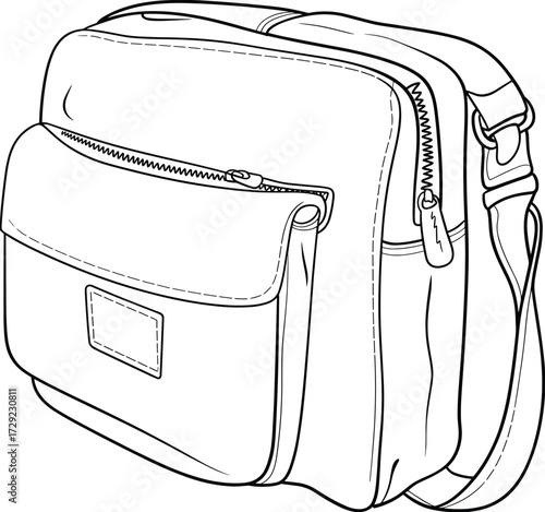 Shoulder bag technical sketch, zippered compartment adjustable strap fashion flat, front pocket buckle detail, cad drawing flat vector illustration