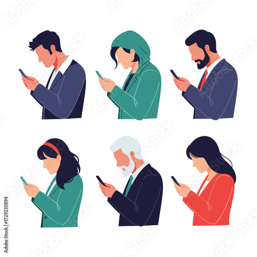 People engrossed in their mobile phones using digital technology connection.