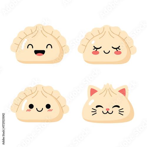 Four cute dumplings with different facial expressions and one with cat ears.
