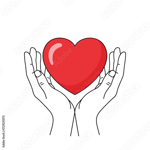 Hands holding a red heart in a gesture of love and care.