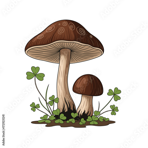 A delightful illustration of two brown mushrooms growing amongst green clover.