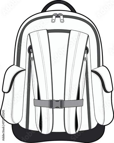 Travel hiking backpack design template with detailed straps and pockets, outdoor gear technical sketch, CAD drawing flat vector illustration