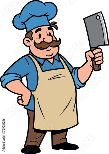  Vector art of cartoon butcher with a mustache wearing a chef hat and apron, holding a cleaver