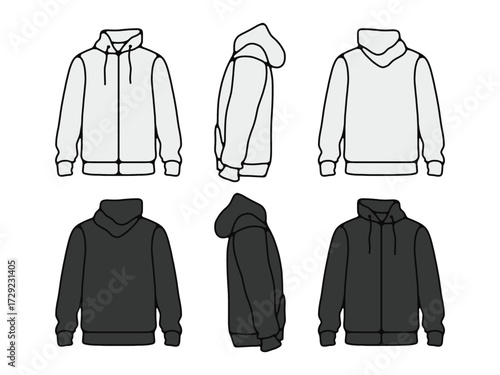 Hoodie Mockup Set. White and Black 3 Angles, Blank Hoodie Template. Front, Side, and Back Views. Dual Color Hoodie Mockup Editable Vector