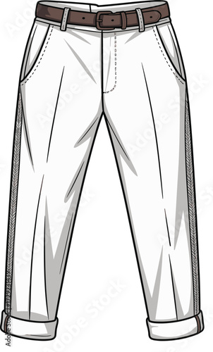 White chino pants fashion illustration, casual trousers flat sketch with brown belt, cuffed hem, vector CAD drawing for apparel design