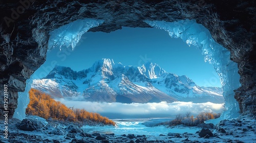Explore the majestic snowy mountains scenery from inside an icy cave winter wonderland view point