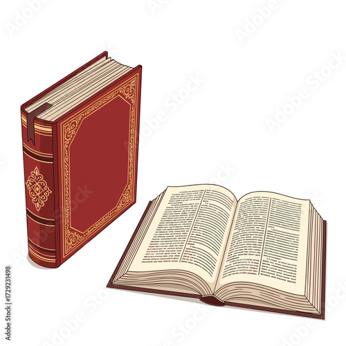 Two antique books on a white background with one book closed and one book open.