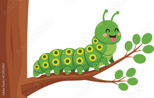 Cartoon caterpillar sitting on tree branch with cheerful expression and patterned body, vector illustration for kids, nature and insect content