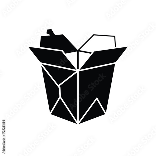 A simple black icon of an open takeout box.