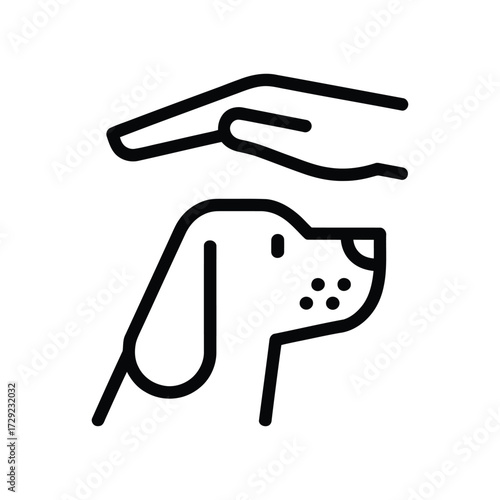 Minimalist black and white line art icon of a dog head with protective hand gesture in modern geometric style