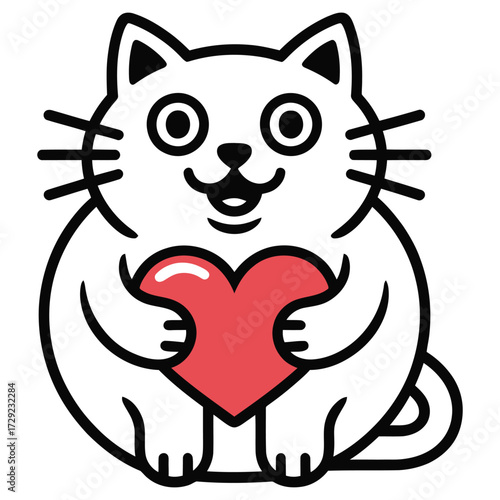 Minimalist black and white line art illustration of a chubby cat forming a red heart with smiling face and whiskers on white background