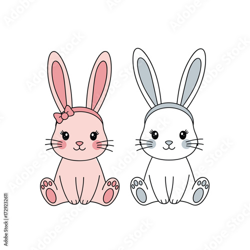 Two cute cartoon bunnies sitting side by side.