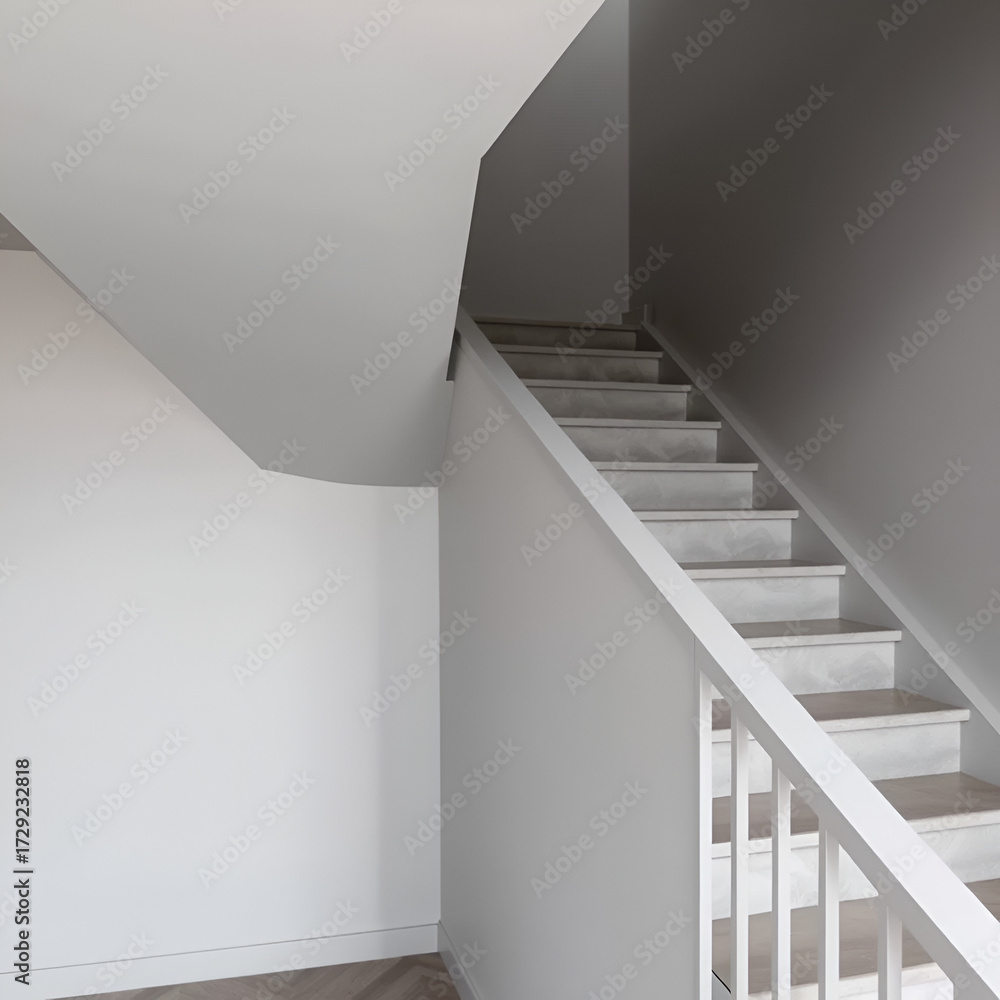Obraz premium Gray functionalist staircase in interior, Staircase with banister in minimalist style, Detail of a modern stair, Symbol of staircase, Stair house, Modern stairway in house