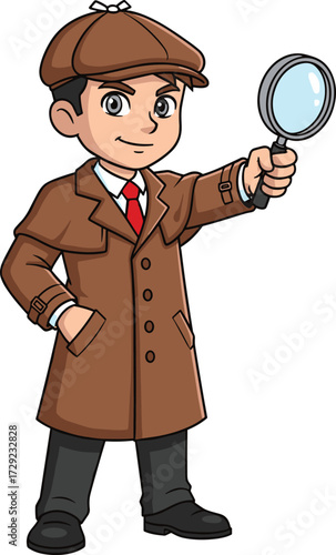 Cartoon detective boy character in brown coat holding magnifying glass, vintage mystery investigator illustration, children’s detective clipart for education and design