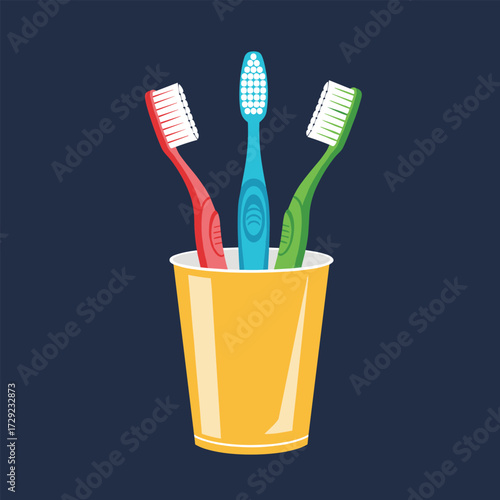 Three colorful toothbrushes stand in a yellow cup.