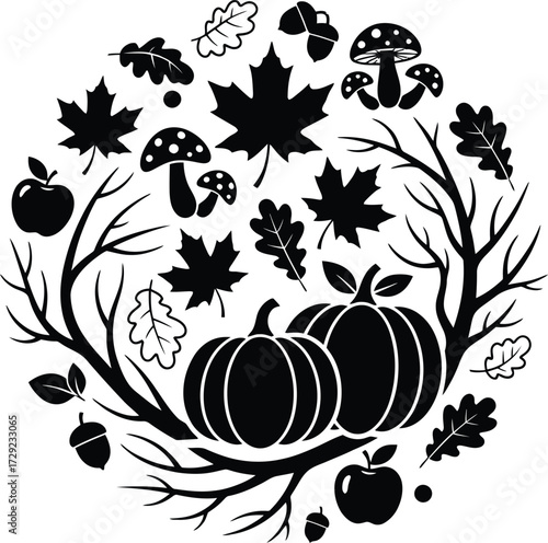 Autumn Silhouettes of Leaves, Pumpkins, Acorns, and Mushrooms Isolated on White Background
