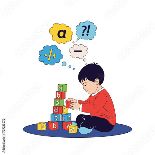A child playing with alphabet and math blocks.