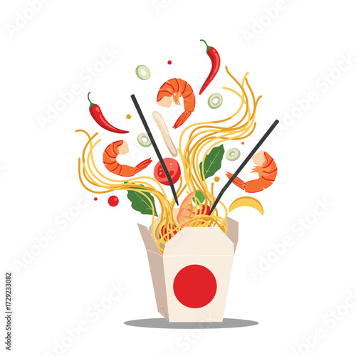 A delicious noodle dish with fresh ingredients and chopsticks.
