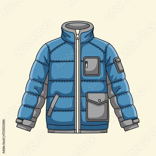 A detailed illustration of a blue puffer jacket with gray accents and multiple pockets.