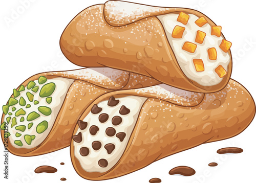 A colorful illustration of three delicious cannoli pastries, stacked and decorated with various toppings.
