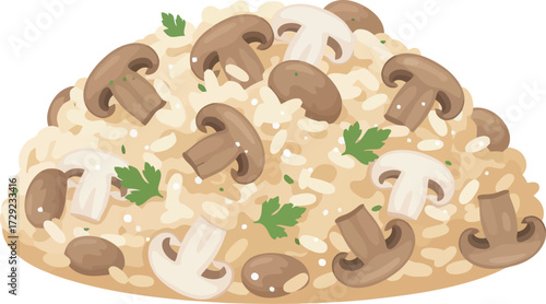 A vibrant illustration of creamy mushroom risotto, garnished with fresh parsley.