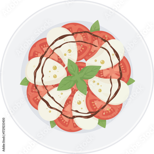 A top-down view of a plate with a caprese salad, showcasing tomatoes, mozzarella, and basil.