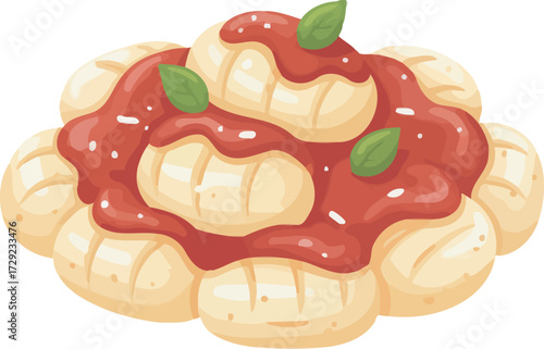Illustration of gnocchi pasta topped with tomato sauce and garnished with fresh basil leaves.