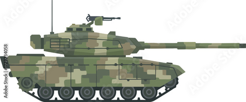 A camouflaged military tank is displayed in a side profile view.