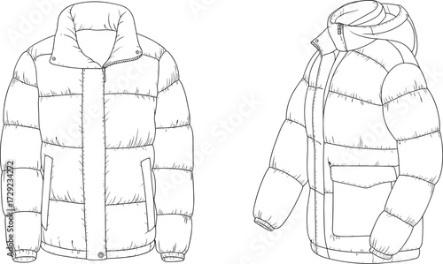 Puffer jacket illustration, front and three quarter view, quilted outerwear design, fashion sketch, apparel template, garment construction, winter clothing, insulated coat