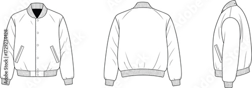 Bomber jacket illustration, front back side view, fashion sketch, apparel design, clothing template, garment construction, outerwear style, technical drawing, sportswear design