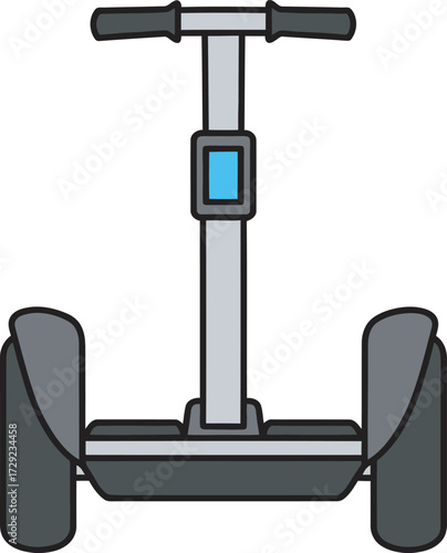 Illustration of a gray self-balancing scooter with a blue screen, viewed from the front.