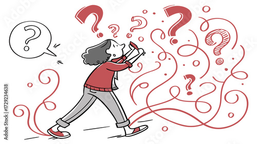Confused stick figure overwhelmed by numerous question marks symbolizing uncertainty