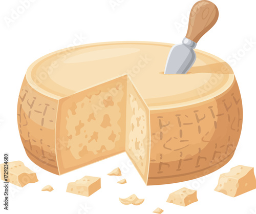 A round wheel of cheese with a wedge cut out, knife inserted, and scattered pieces.