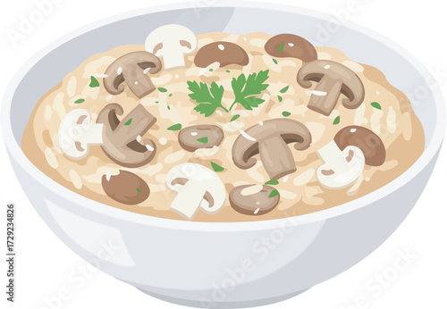 A bowl of creamy risotto topped with sliced mushrooms and parsley.