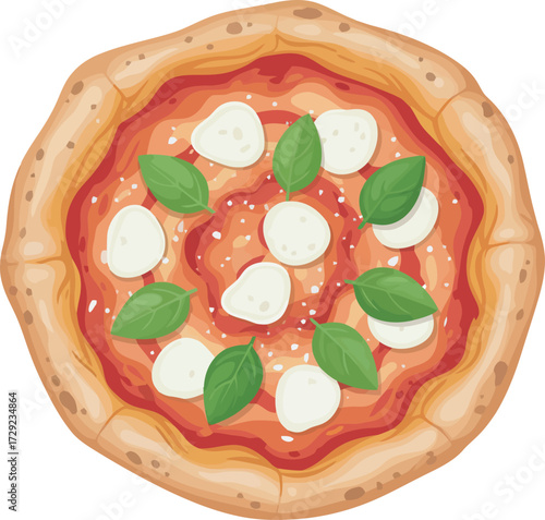 Overhead view of a delicious, freshly baked pizza with mozzarella and basil.