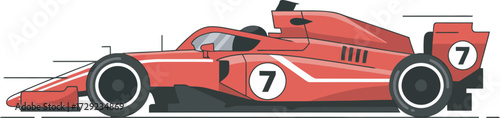 A red race car with the number 7 speeding along a track.