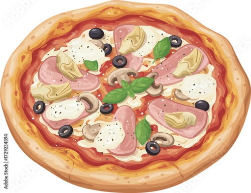 Top-down view of a pizza with ham, artichoke, olives, mushrooms, mozzarella, and basil on a tomato sauce base.
