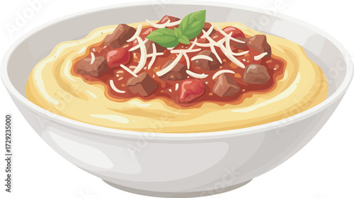 A close-up illustration of a bowl filled with creamy polenta, topped with a rich meat sauce and grated cheese.