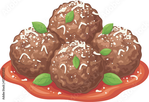 A colorful illustration of four meatballs, served on sauce, garnished with basil.