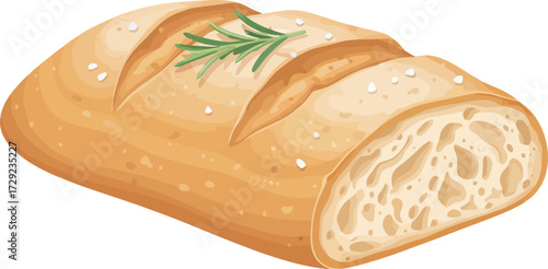 A detailed illustration of a crusty, partially sliced loaf of artisan bread, garnished with rosemary.