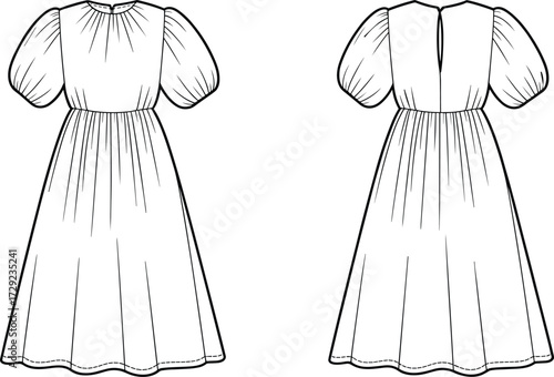 Dress technical drawing, fashion flat sketch, puff sleeve dress design, gathered skirt illustration, apparel vector template, garment outline, sewing pattern fashion
