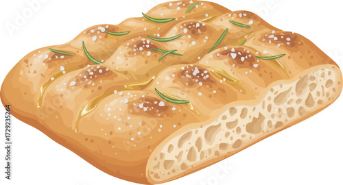 Illustration of focaccia bread topped with rosemary and salt, showcasing its porous texture.