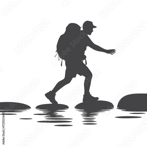 Silhouette of Hiker Crossing River on Rocks with Backpack Outdoor Adventure Travel Concept