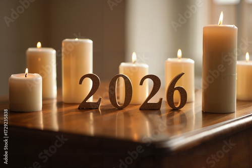 2026 Gold Numbers with Lit Candles in a warm, festive setting, symbolizing a new year and future celebrations, with copy space