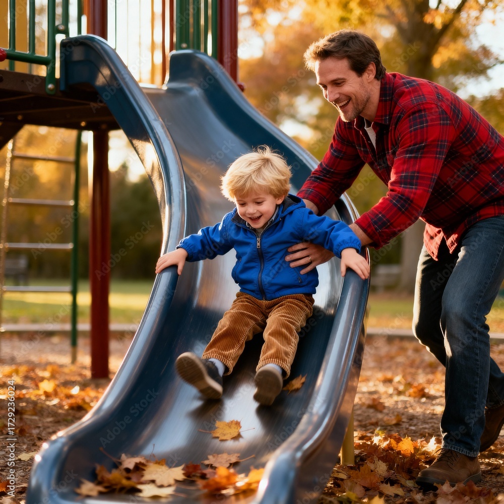 Obraz premium Joyful Caucasian Dad Pushing Son on Playground Slide in Autumn