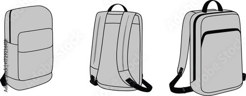 Set of modern backpacks with multiple views, ergonomic straps, front zipper pockets, side compartments, durable design for school, travel, business use