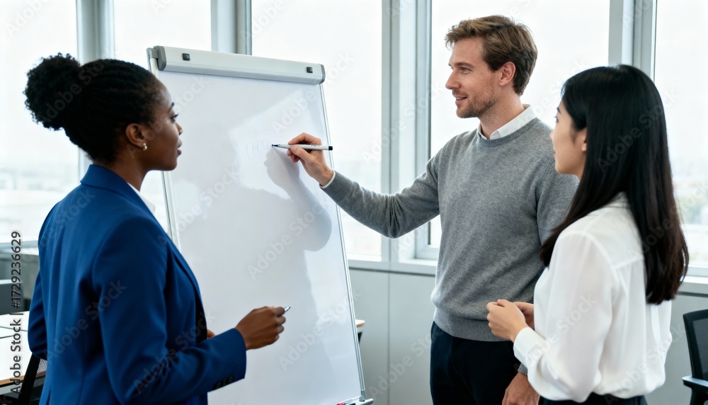 Obraz premium Diverse Business Team Collaborating on Whiteboard in Modern Office