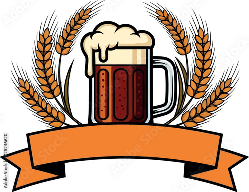  Vector art of mug of beer with wheat and ribbon