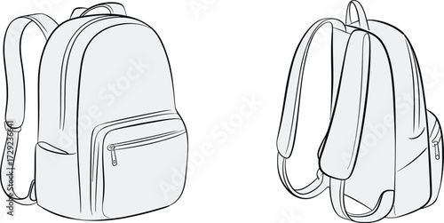 Backpack technical illustration, front and back view, zipper pocket design, school bag drawing, travel backpack sketch, everyday use accessory template, product concept