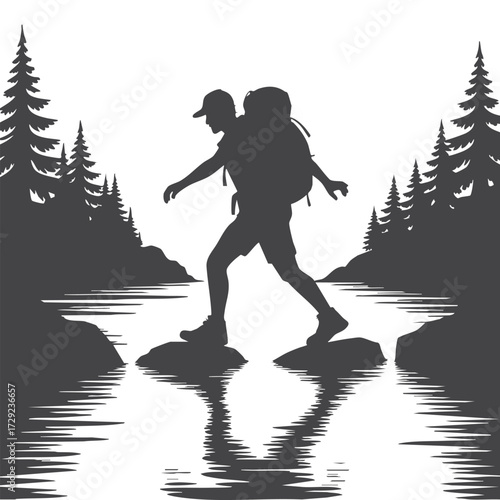 Adventure Backpacker Silhouette Crossing River with Forest Landscape Outdoor Hiking Concept